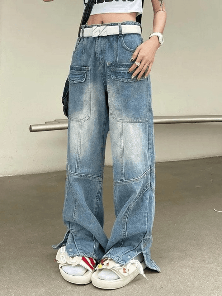 2024 Button Split Blue Cargo Jeans Blue S in Jeans Online Store ...