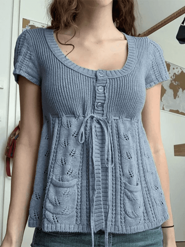 Buttoned Slit Tie Front Knit Top - AnotherChill