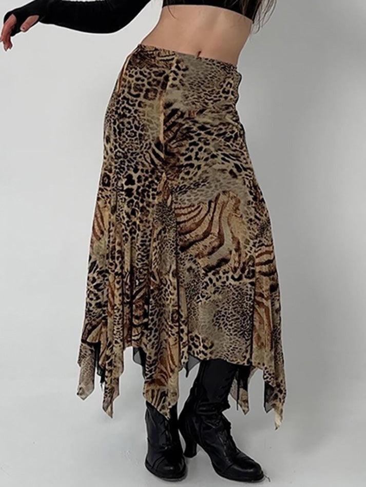 Vintage Leopard Print Asymmetrical Hem Midi Skirt