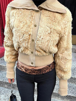 Long Sleeve Plain Furry Button Up Jacket