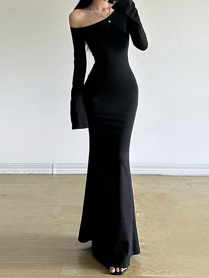 Asymmetrical Neck Solid Color Bell Sleeve Maxi Dress