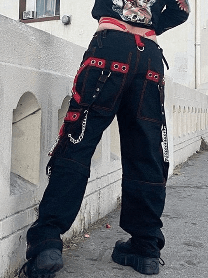 Chain Embellished Strap Straight Leg Pants - AnotherChill