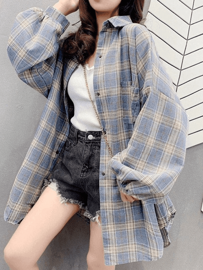 Checkered Baggy Long Sleeve Button Blouse - AnotherChill