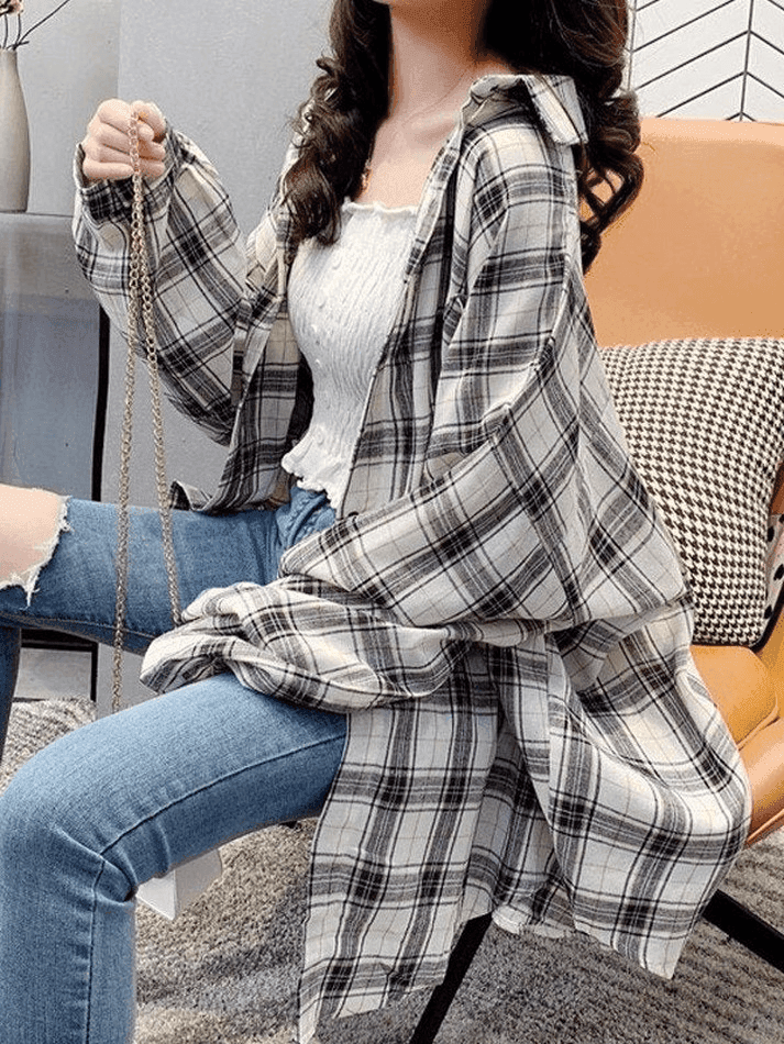 Checkered Baggy Long Sleeve Button Blouse - AnotherChill