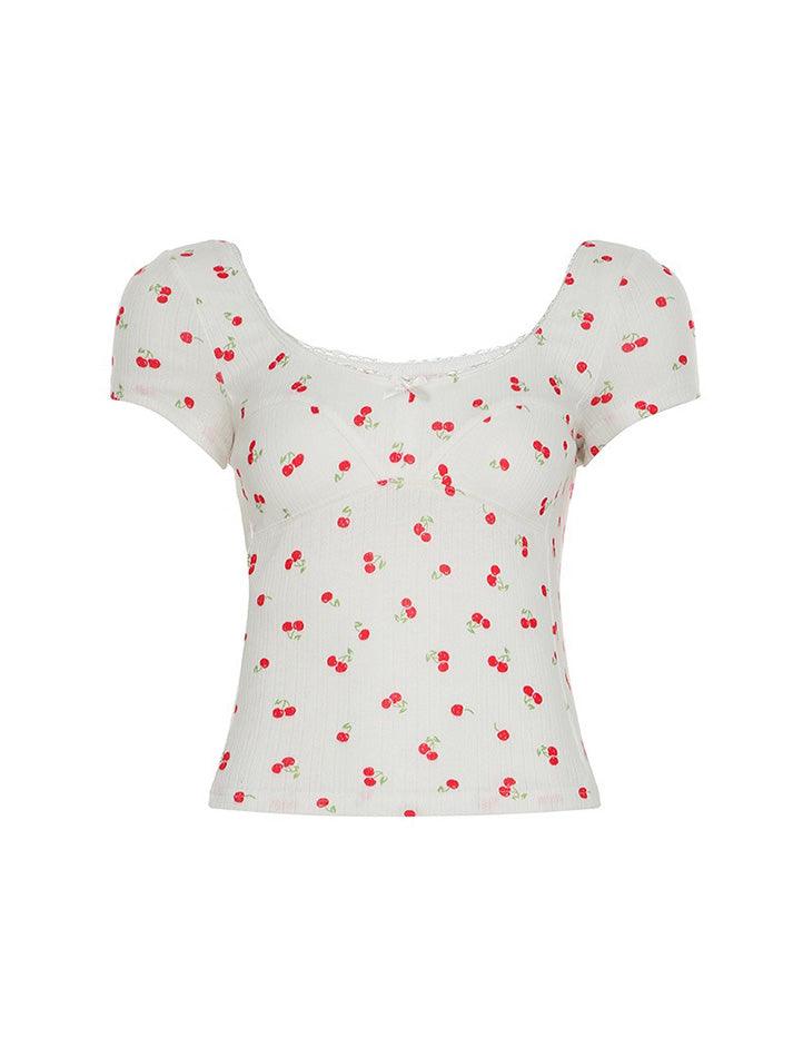 Cherry Print Bow U-Neck Crop Top - AnotherChill