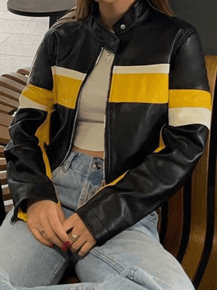 2024 Color Block Cropped Pu Leather Moto Jacket Yellow S In Jackets   Color Block Cropped Pu Leather Moto Jacket Anotherchill 2 