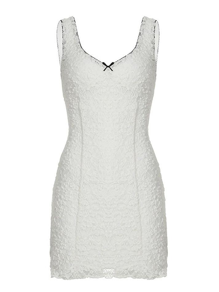 Contrast Lace Trim V-Neck Bow Double-Layer Dress - AnotherChill