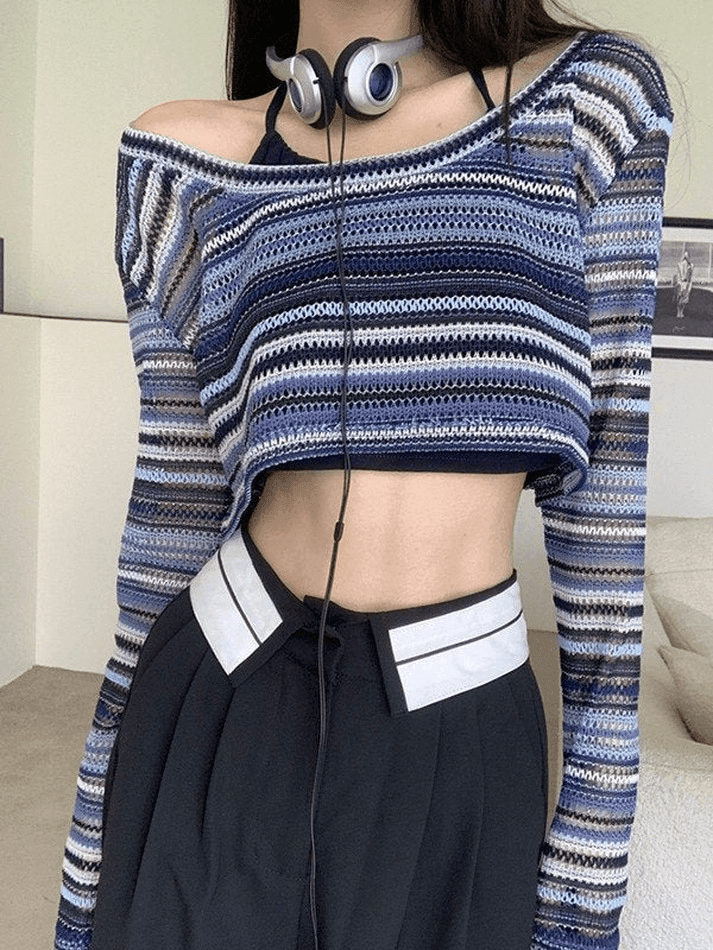 Contrast Striped Crochet Knit Crop Top - AnotherChill