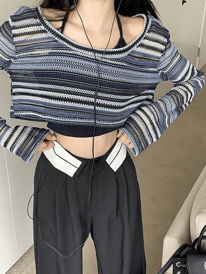 2023 Contrast Striped Crochet Knit Crop Top Blue ONE SIZE in