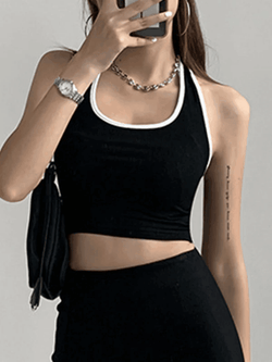 Contrast Trim Cropped Halter Tank Top - AnotherChill