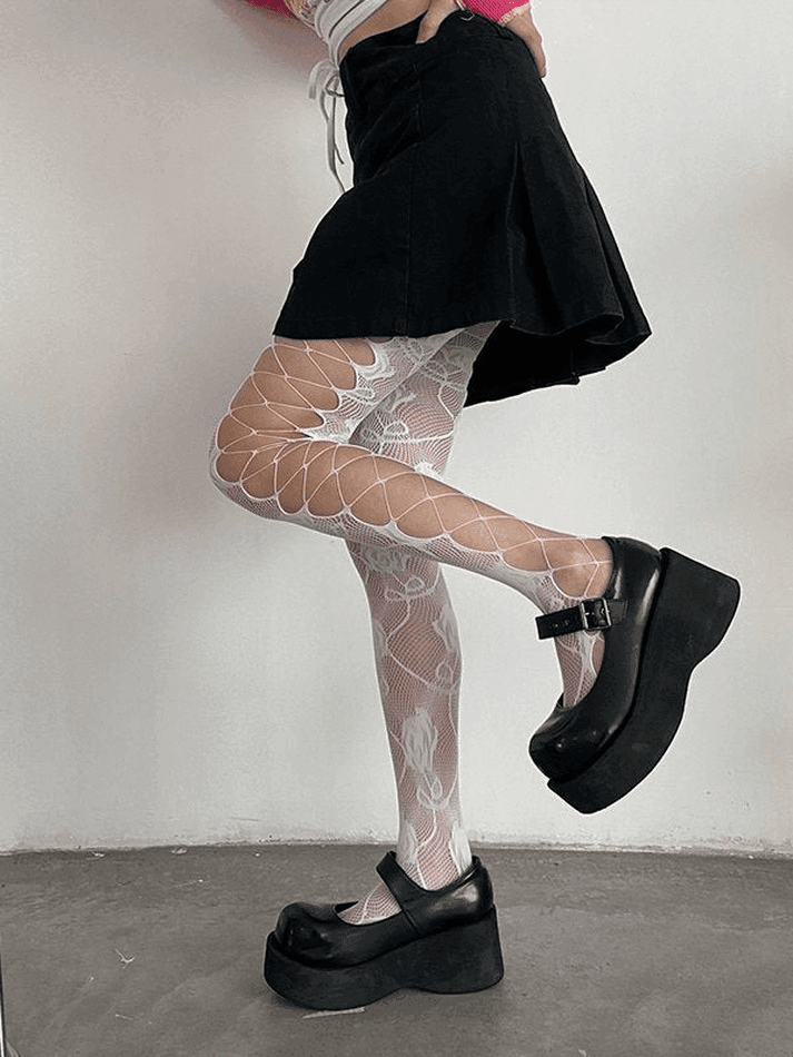 Criss Cross Cutout Floral Mesh Tights - AnotherChill