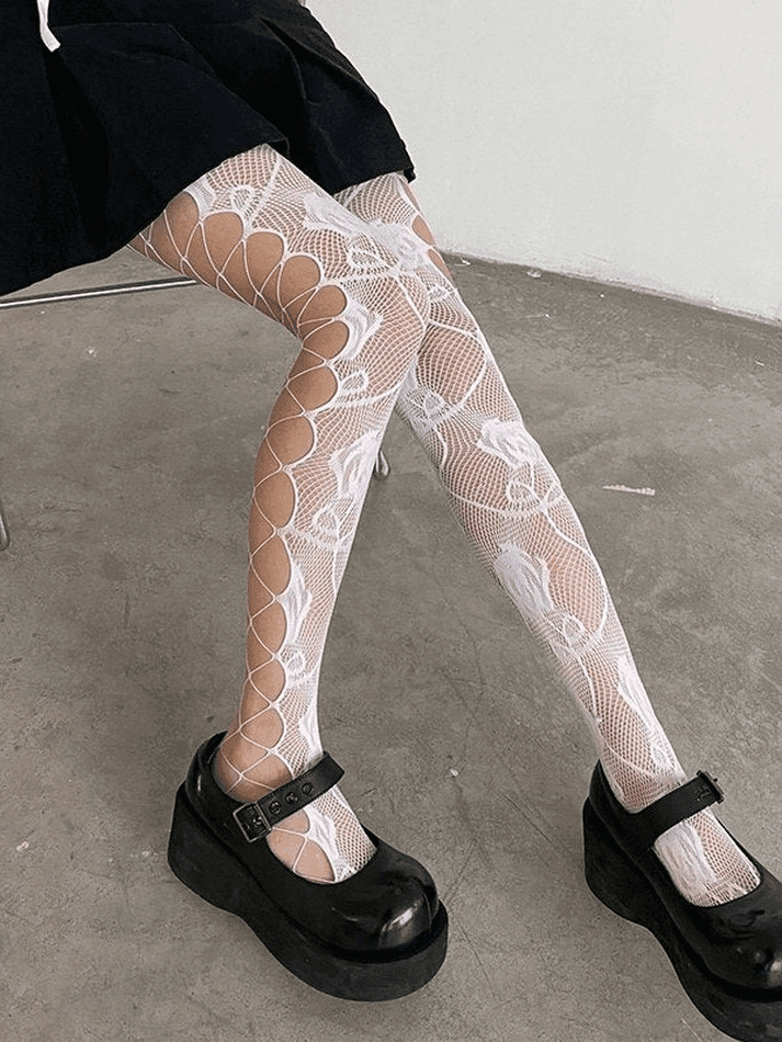 Criss Cross Cutout Floral Mesh Tights - AnotherChill