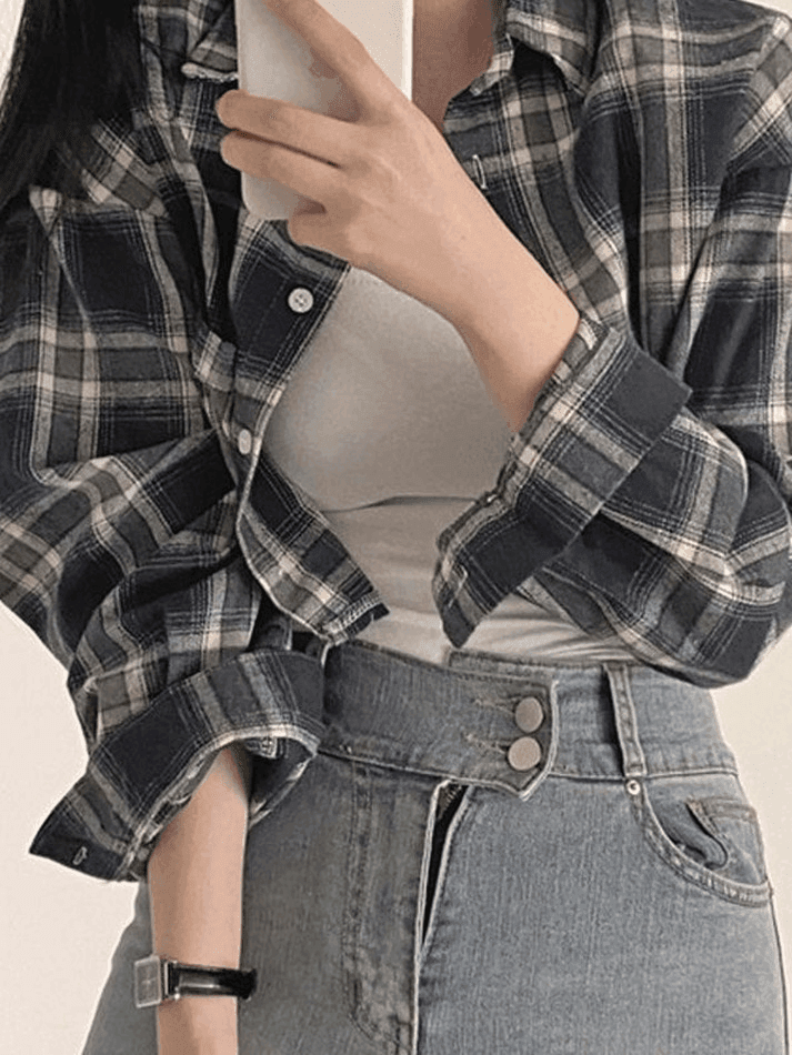 Cropped Long Sleeve Checkered Blouse - AnotherChill