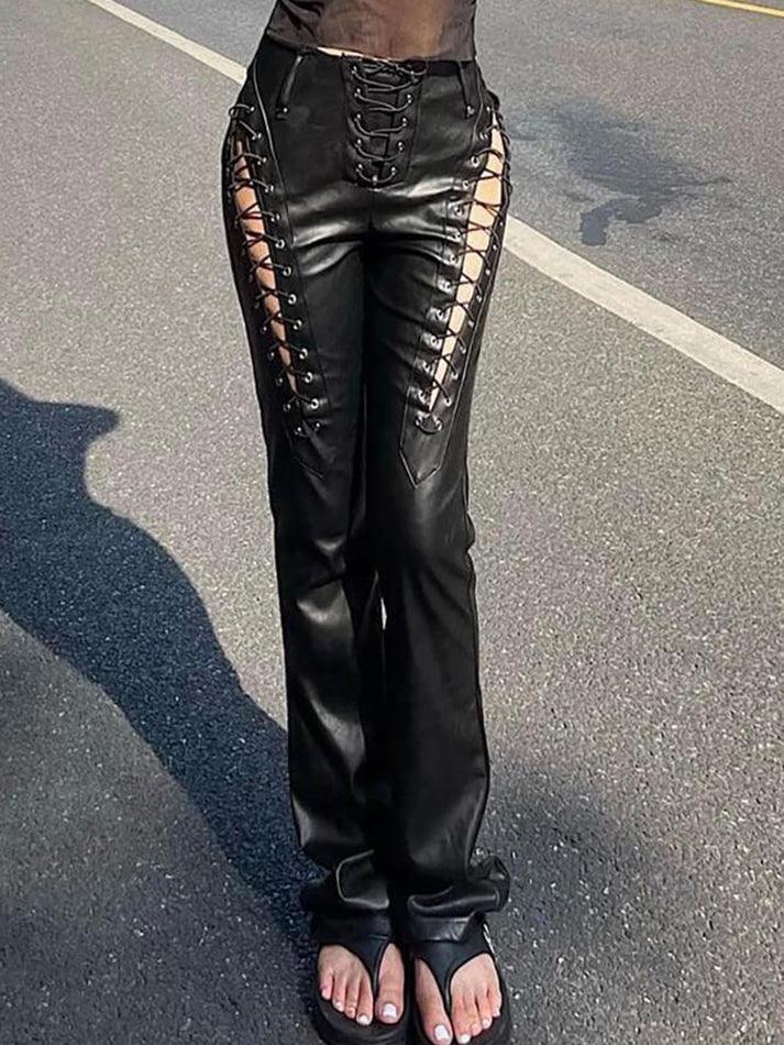 Cut-out Lace Up Pu Leather Pants - AnotherChill