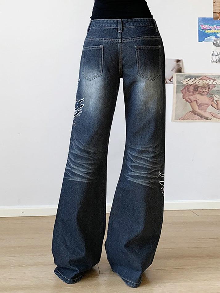 Embroidered Rhinestone Washed Low-Rise Flared Jeans