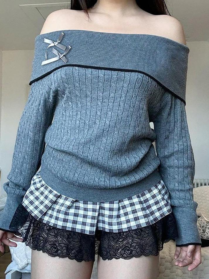 Bow Patchwork Off Shoulder Cable Knit Sweater