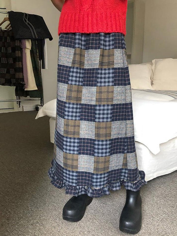 Vintage High Waisted Plaid Ruffle Skirt