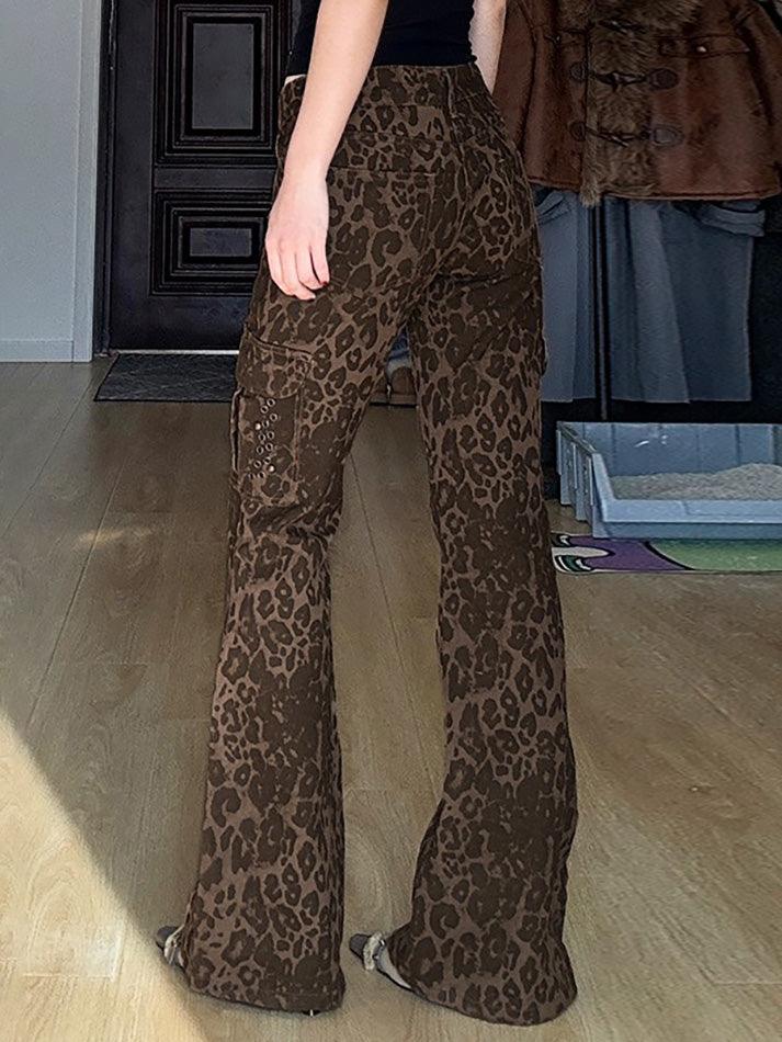 Vintage Leopard Print Multi-Pocket Flared Jeans