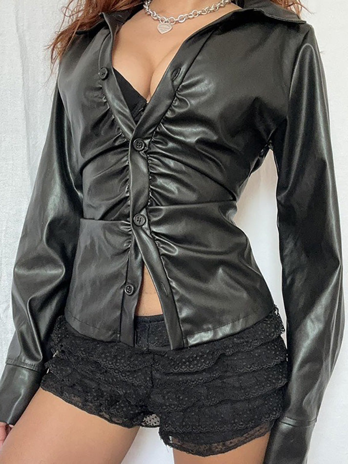 Vintage Ruched Button-Up PU Leather Collared Shirt