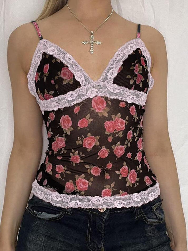 Rose Printed Lace Patchwork Mesh Cami Top - AnotherChill