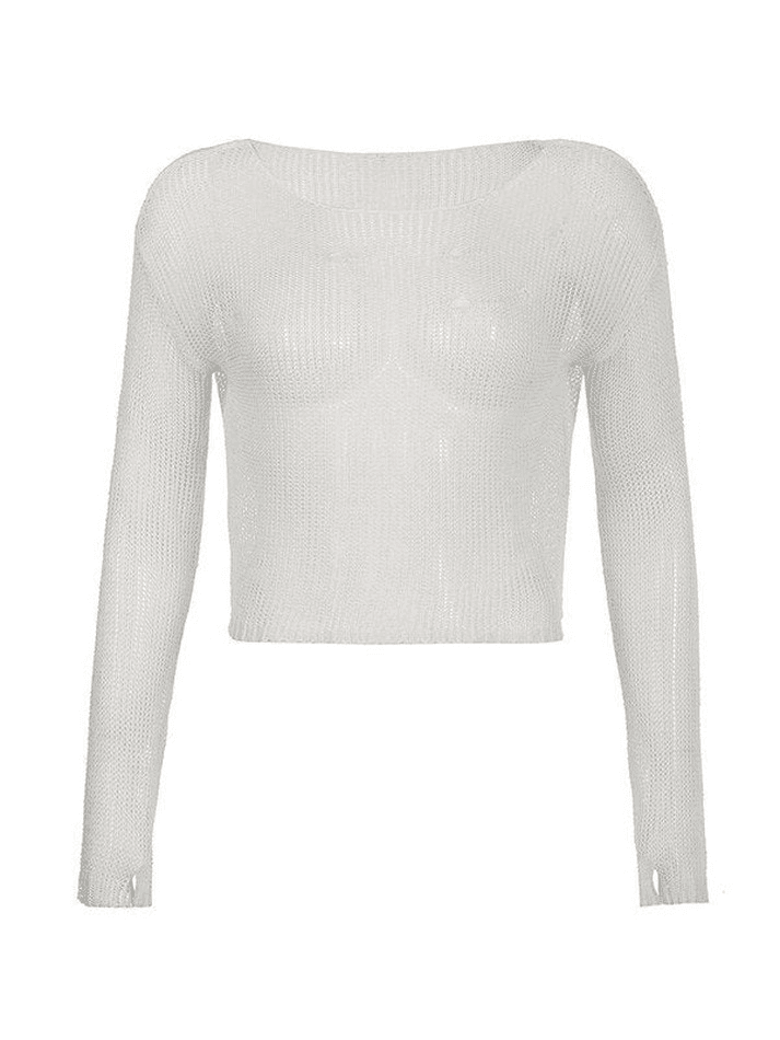 Distressed Crochet Knit Long Sleeve Crop Top - AnotherChill