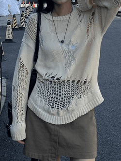 Distressed Crochet Knit Sweater - AnotherChill