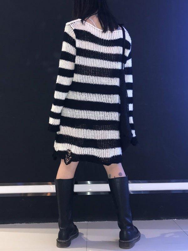 Distressed Stripe Longline Sweater - AnotherChill