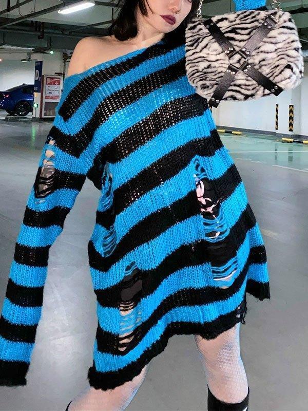 Distressed Stripe Longline Sweater AnotherChill