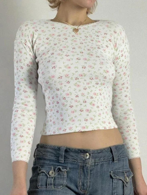 Ditsy Floral Print Crew Neck Long Sleeve Knit - AnotherChill