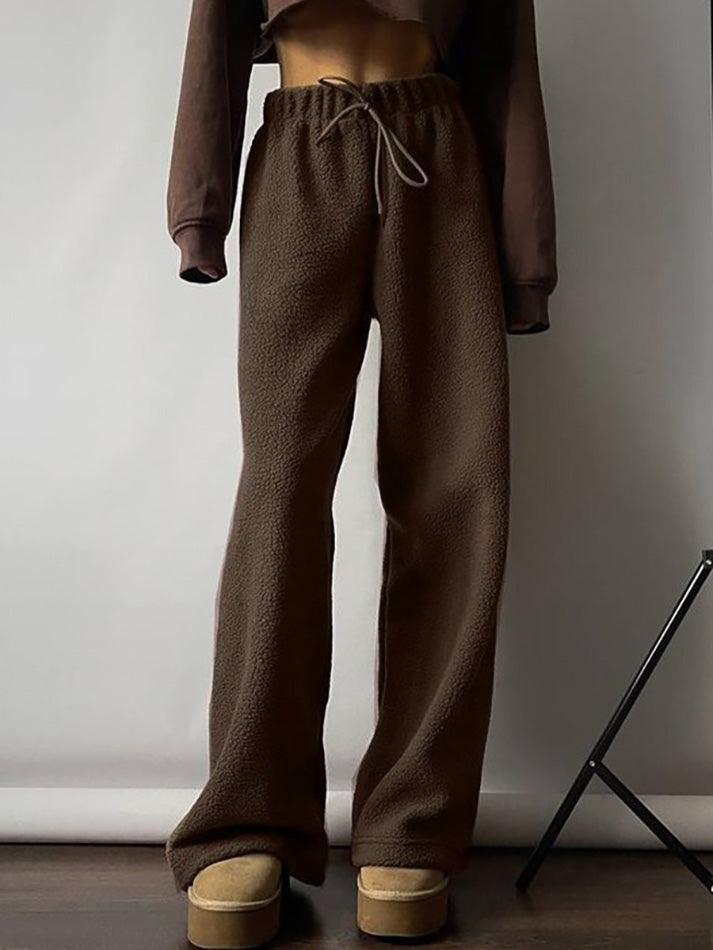 Drawstring Wide Leg Teddy Fleece Pants - AnotherChill