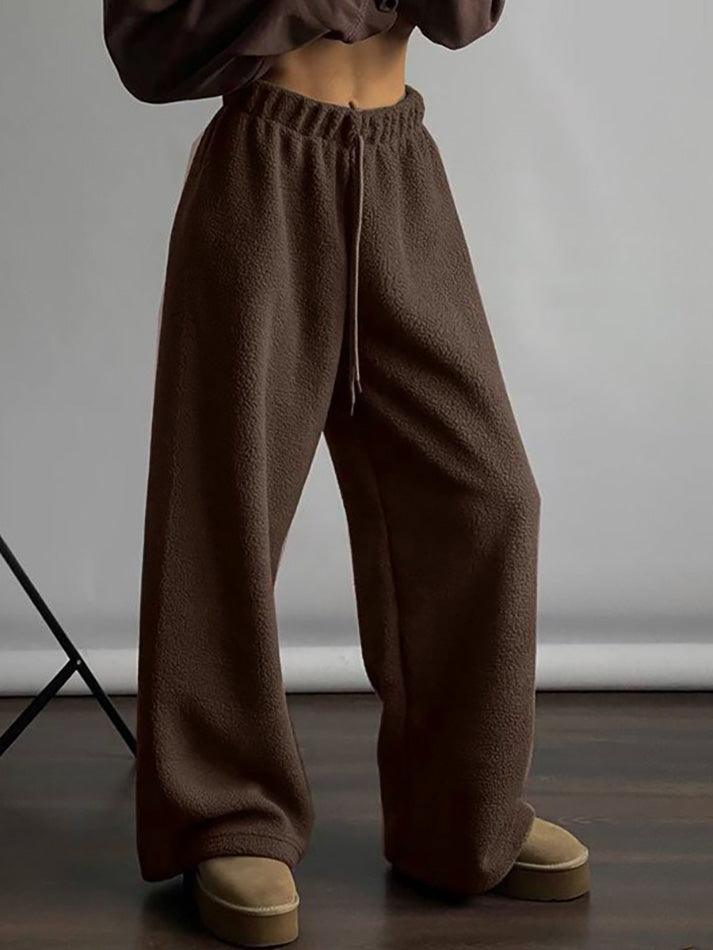 Drawstring Wide Leg Teddy Fleece Pants - AnotherChill