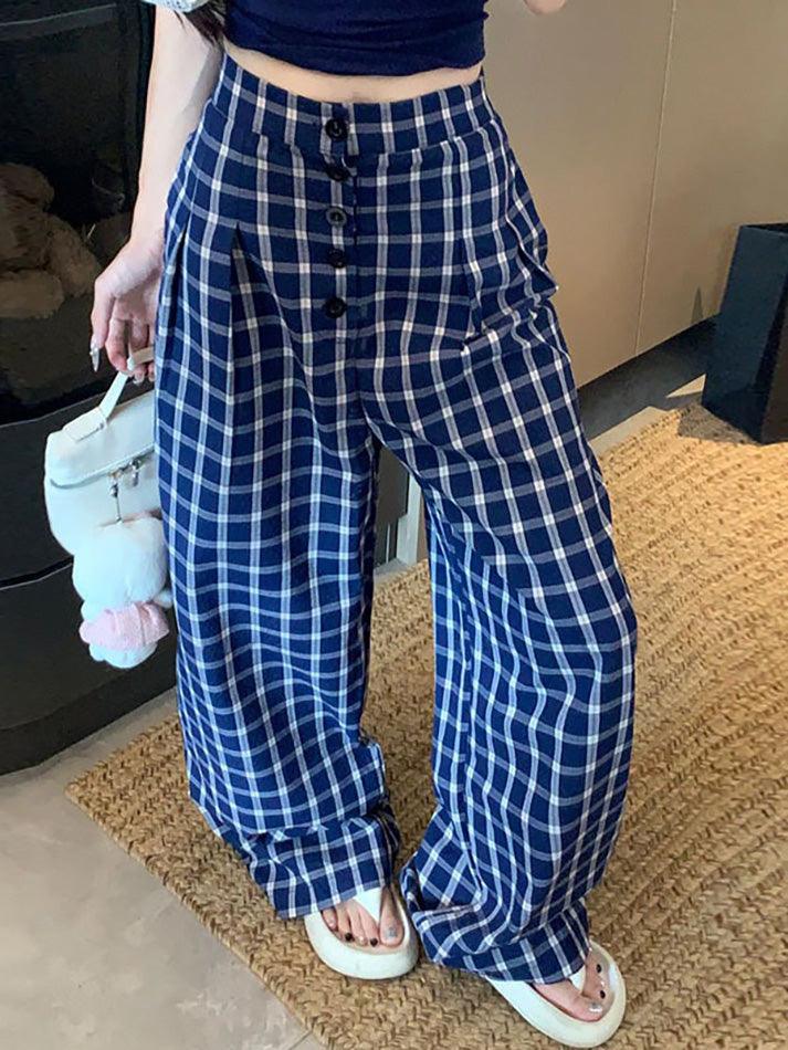 Vintage Blue Plaid Wide Leg Pants