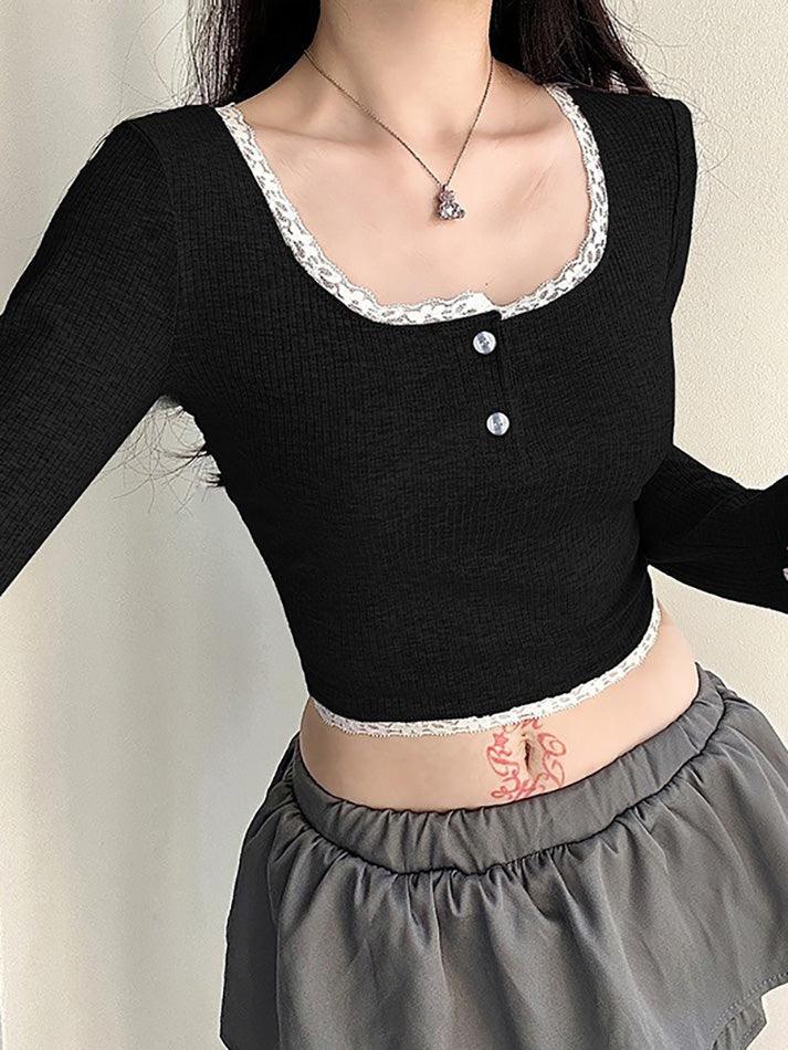 Lace Rib Square Neck Long Sleeve Top