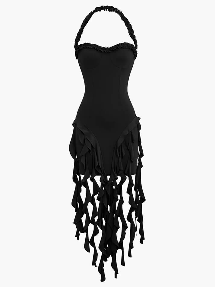 Ruffle Tassel Halter Bustier Mini Dress - AnotherChill