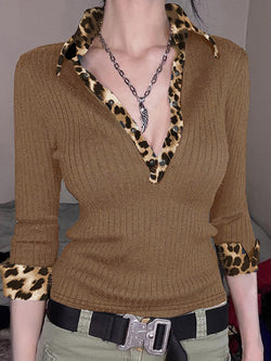 Leopard Print Contrast Patchwork Knit Top