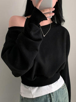 Solid One Shoulder Short Sweatshirt