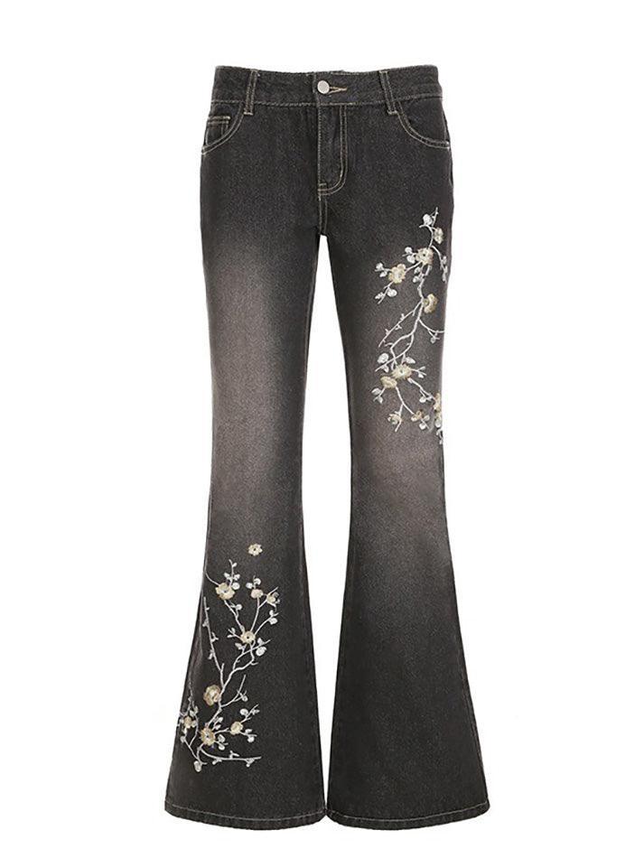 Vintage Floral Embroidery Gradient Jeans