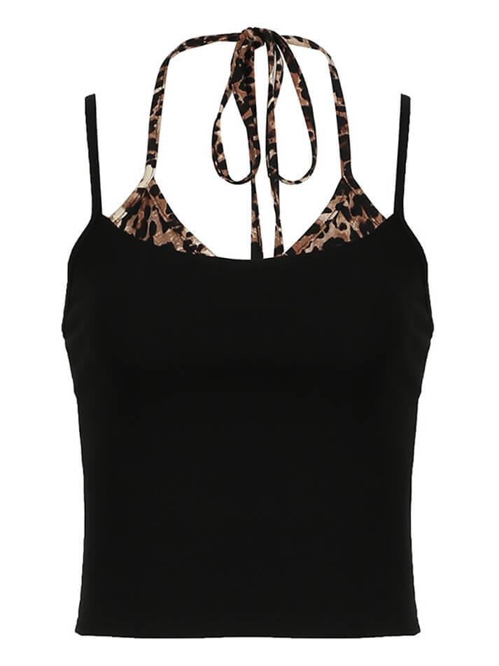 Leopard Print Splicing Fake Two Piece Halter Top - AnotherChill