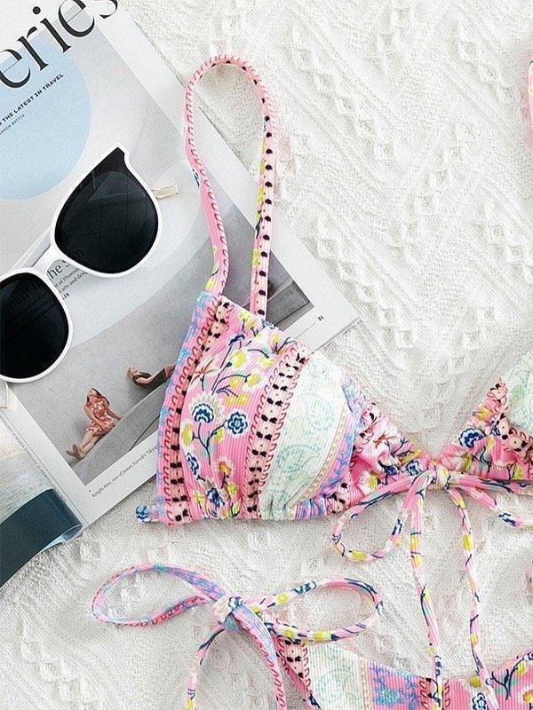 Ethnic Floral Lace Up Bikini Set - AnotherChill