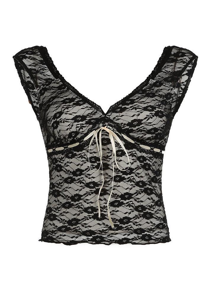 V Neck Low Cut Backless Black Lace Tank Top