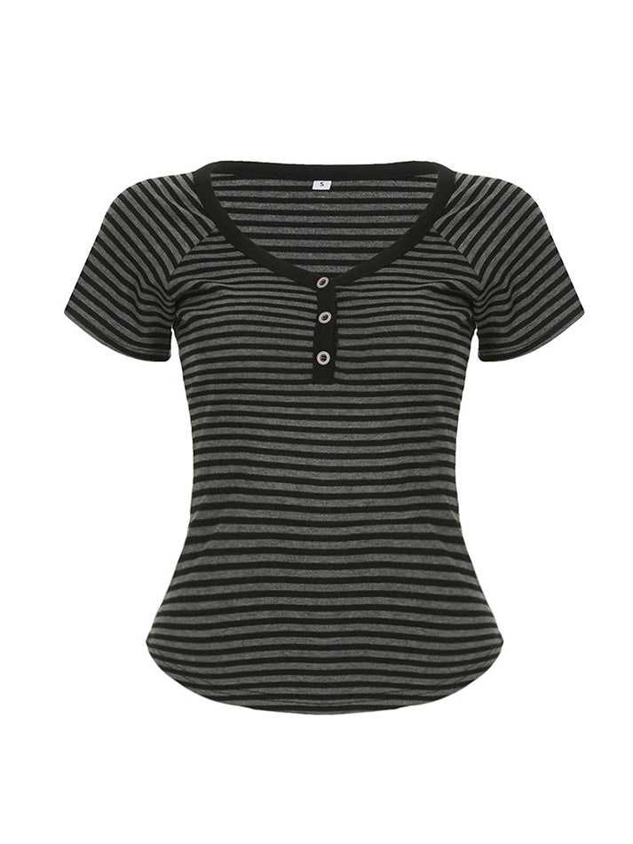 Vintage Striped Contrast V-Neck Button-Up Tee