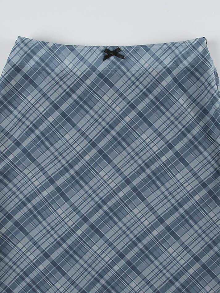 High Waist Bow Accent Plaid Mesh Midi Skirt - AnotherChill