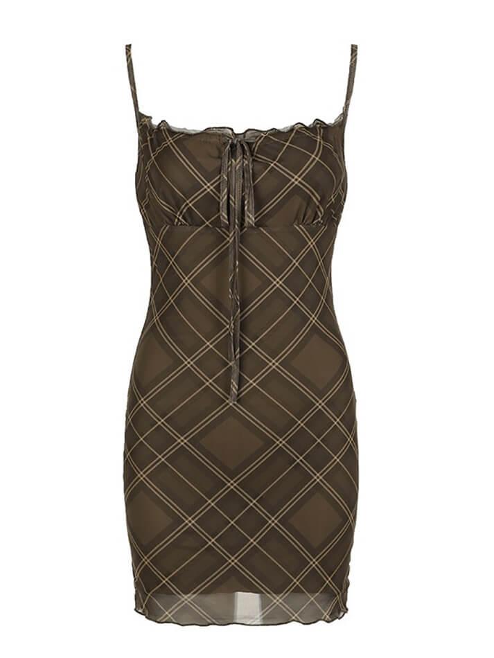 Vintage Plaid Drawstring Tie Mesh Halter Dress - AnotherChill