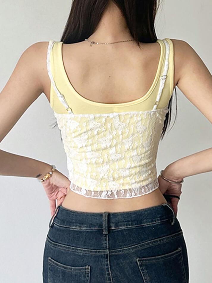 Lace Patchwork Yellow Bow Cami Tank Top - AnotherChill