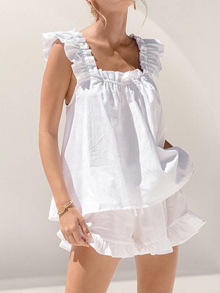 2024 Pure Cotton Ruffle Shorts Set White S in Two-Piece Outfits Online ...