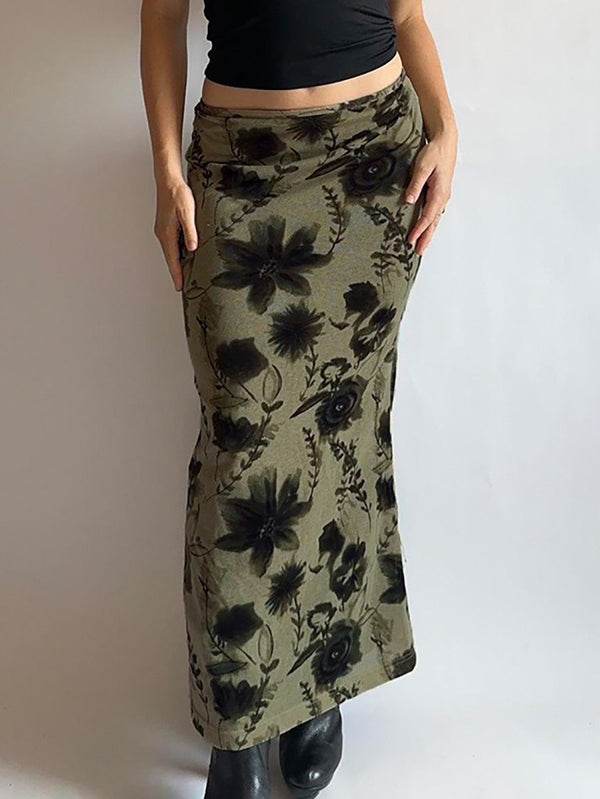 Mid Rise Floral Midi A-Line Skirt