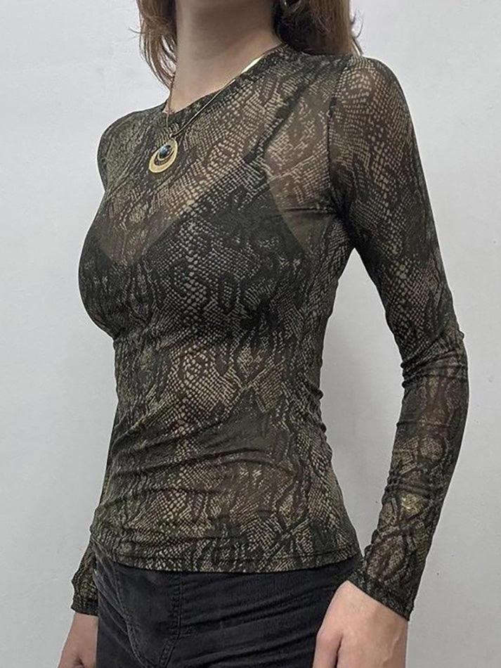 Sheer Snake Print Mesh Long Sleeve Top