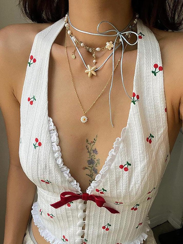 Ruffled Cherry Embroidery Halter Neck Top - AnotherChill