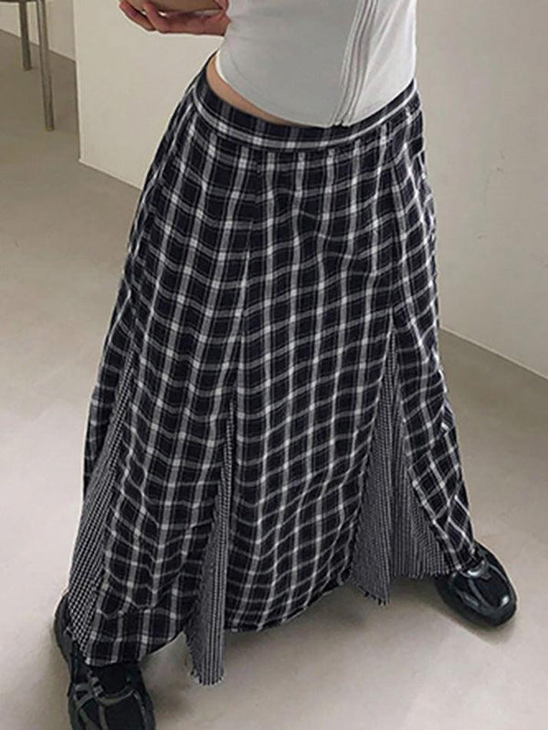 Vintage Contrast Patchwork A-Line Plaid Skirt