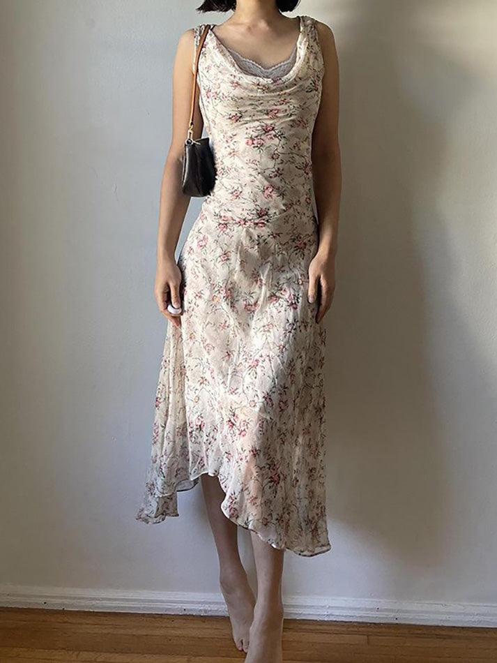 Floral Print Asymmetrical Lace Trim Maxi Dress - AnotherChill